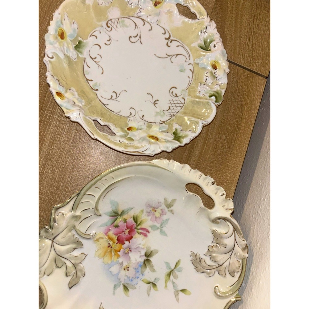 Pair Antique Victorian Hand Painted Porcelain Handled Cake Server Plates Floral